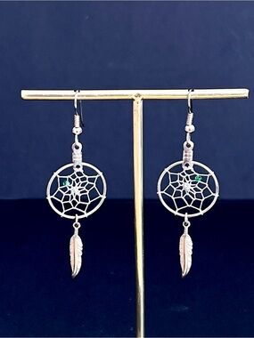 Boho Silver-Tone Dreamcatcher Dangle Earrings with Green Glass Beads